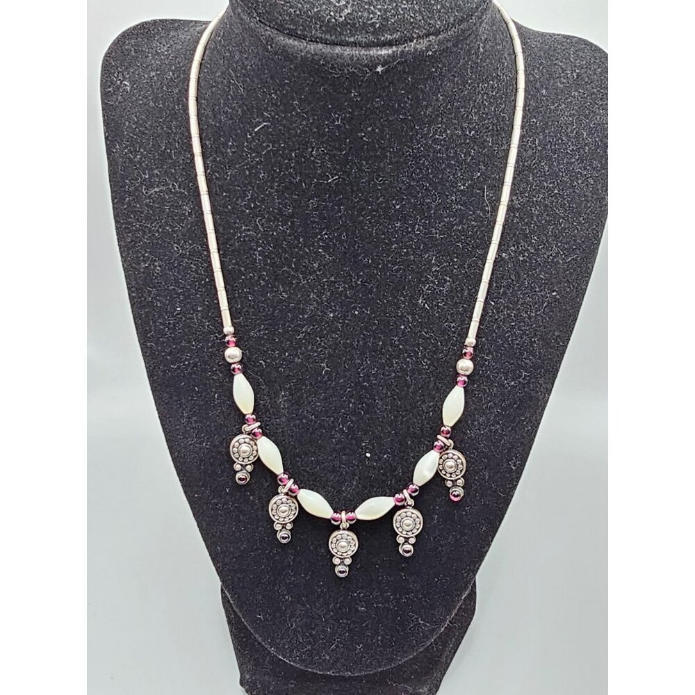 Vintage Sterling Silver Necklace With Purple & White Beads Ornate Dangles 925 Cl